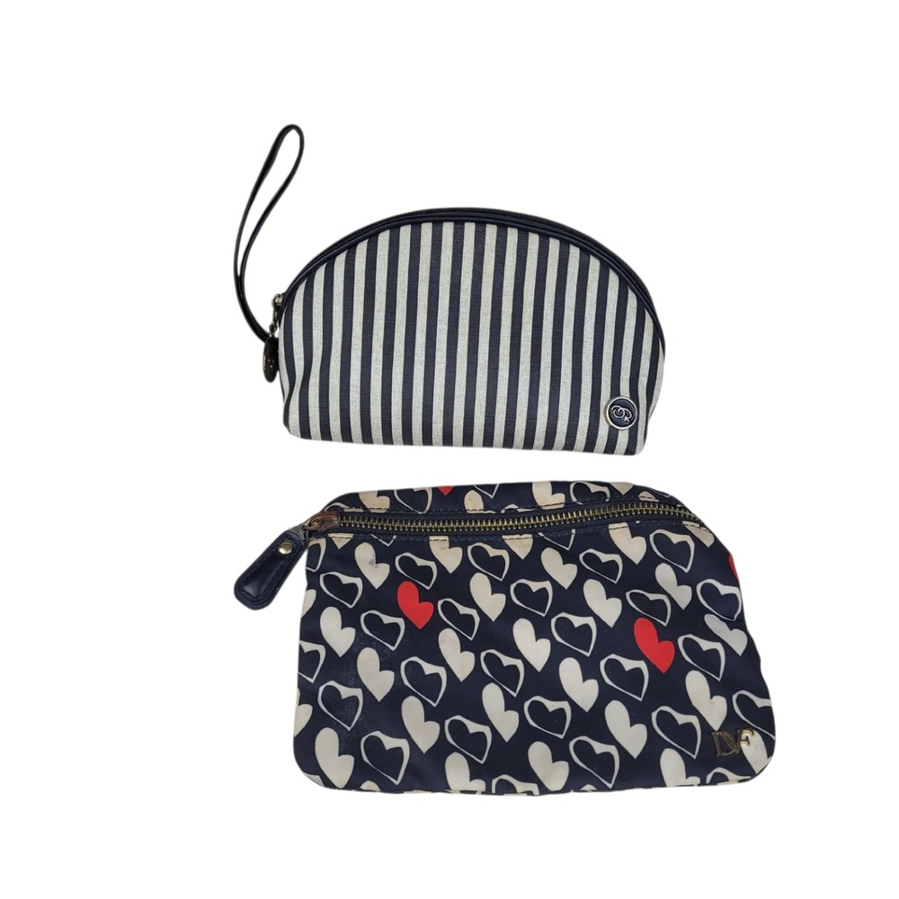 VTG Oscar de la Renta Striped & DVF Heart Cosmetic Bag Bundle Black White Red